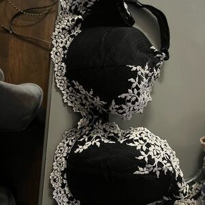 Elegant Black and White Lace Bra